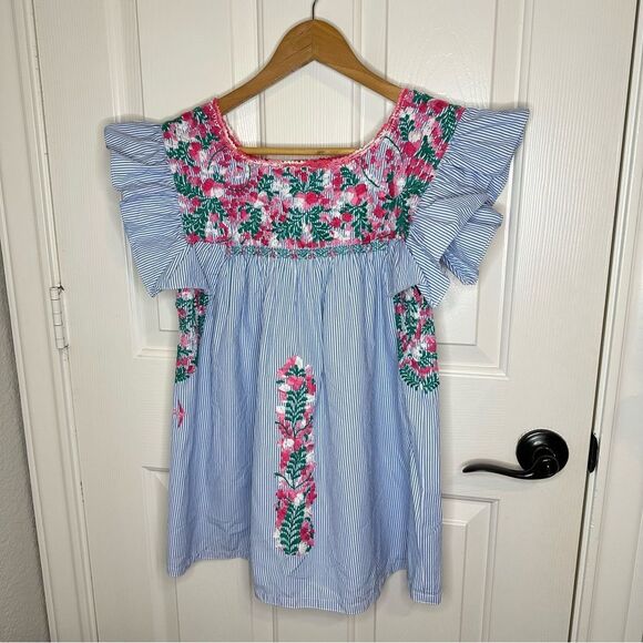 MI GOLONDRINA Blue White Striped Floral Embroidered Soledad Blouse Sz S Bohemian - Picture 2 of 9